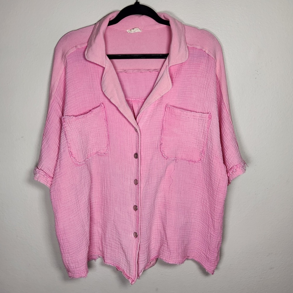 POL Womens‎ Small Pink Crinkled Gauze Button Up Relaxed Collared Top Barbiecore